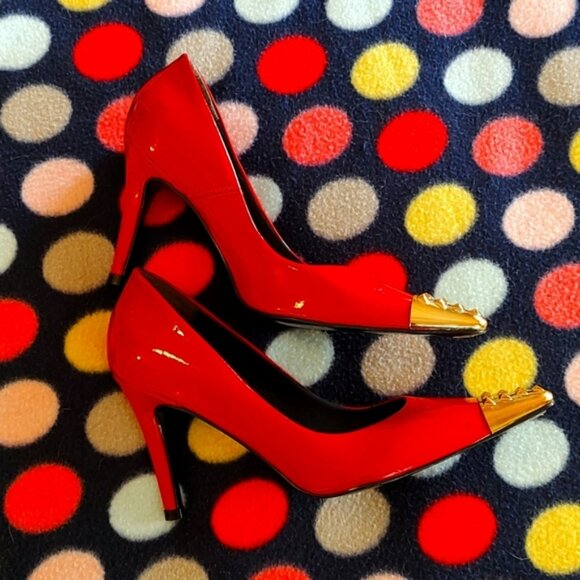 RED PATENT LEATHER HEELS GOLD TOE TIP MADE IN BRAZIL Size 5. - Picture 2 of 11